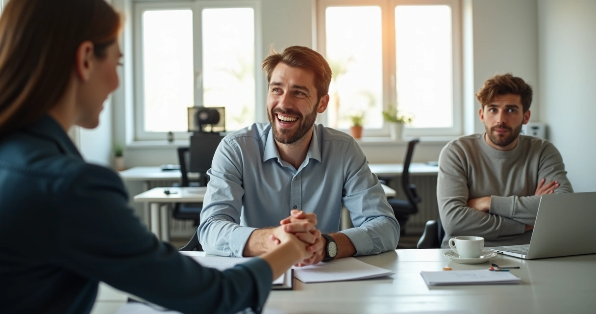 Jefe felicitando a persona mientras otra persona parece molesta en segundo plano