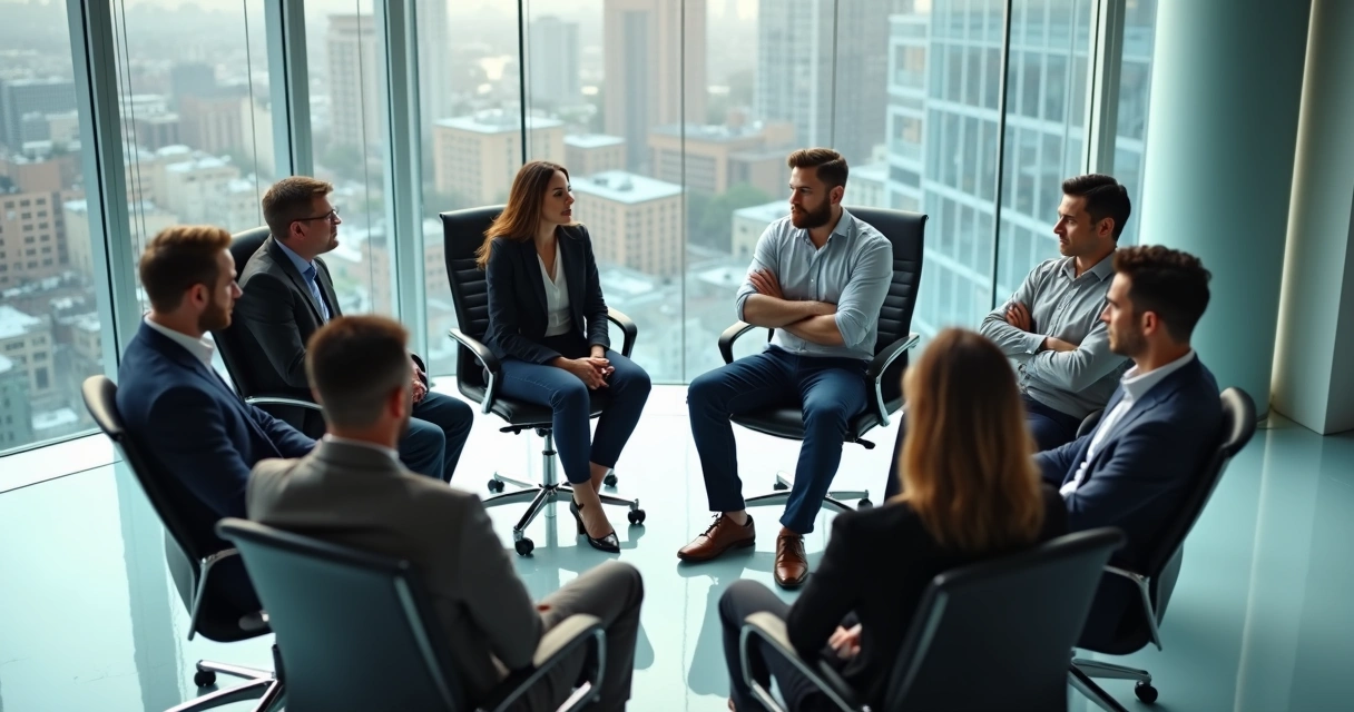 Personas reunidas en círculo discutiendo acaloradamente. 