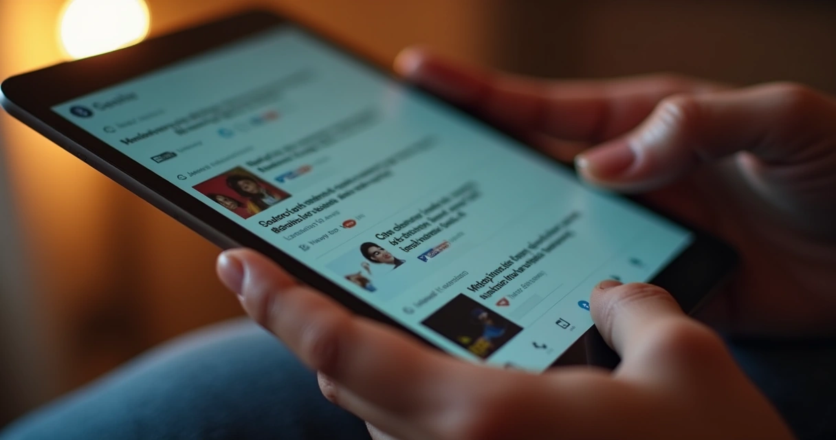 Persona leyendo noticias en un dispositivo, seleccionando solo titulares afines a sus creencias 