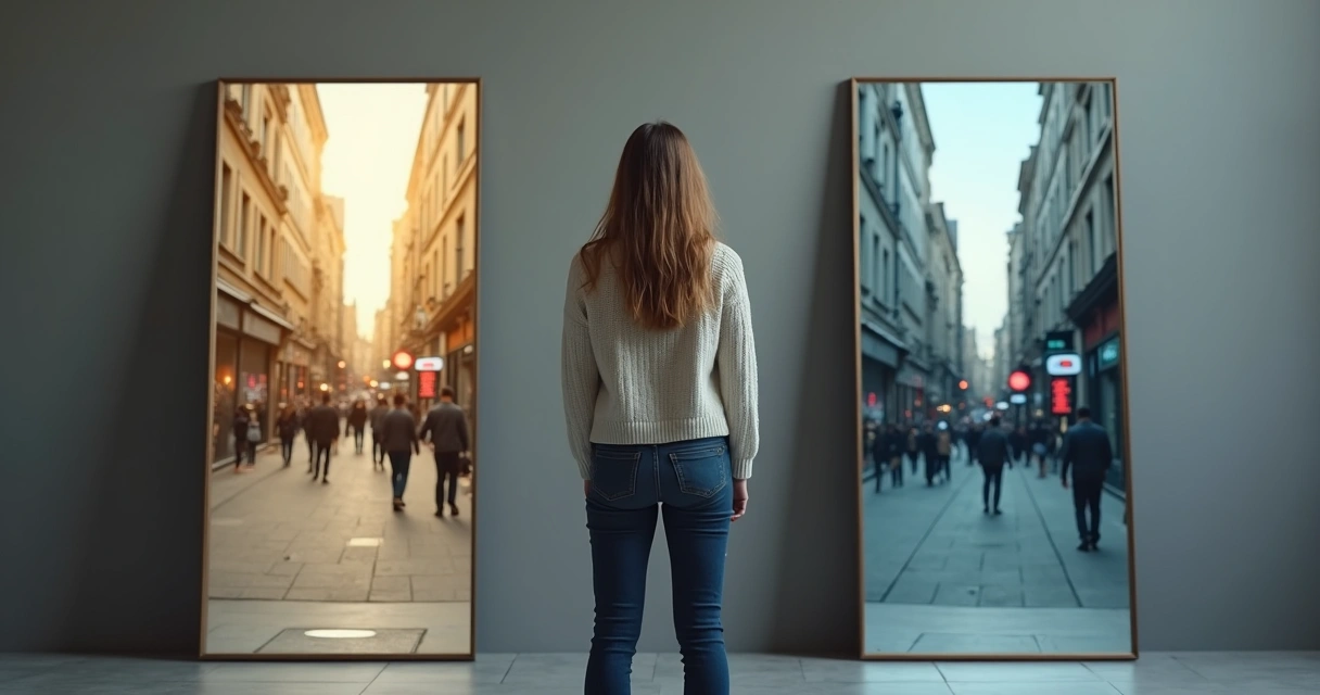Persona observando dos versiones opuestas de la realidad reflejadas en espejos 