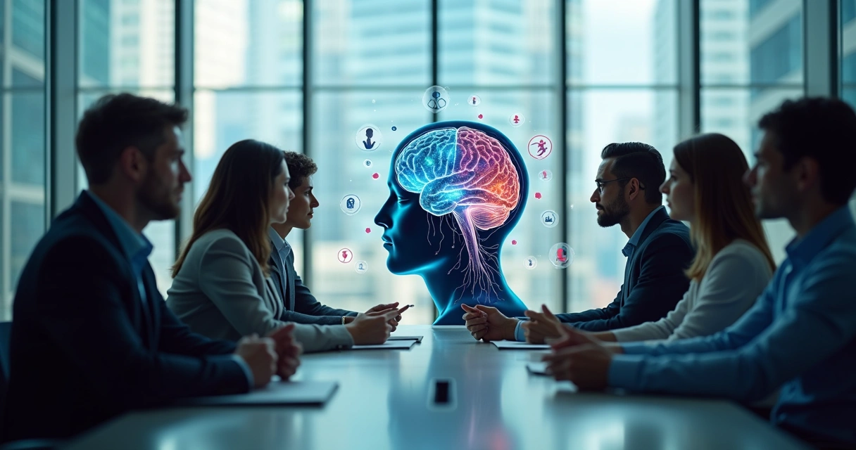 Directivos frente a una silueta de cerebro con patrones inconscientes influyendo en sus decisiones 