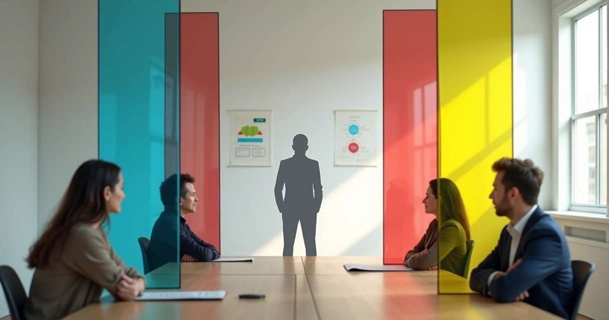 Grupo de personas separadas por cristales de colores viendo a la misma figura central 