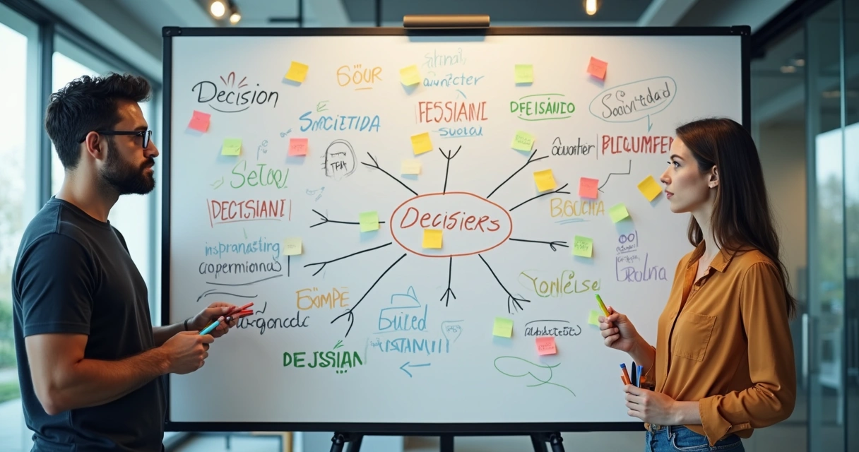 Hombre y mujer decidiendo frente a una pizarra con palabras y flechas de colores