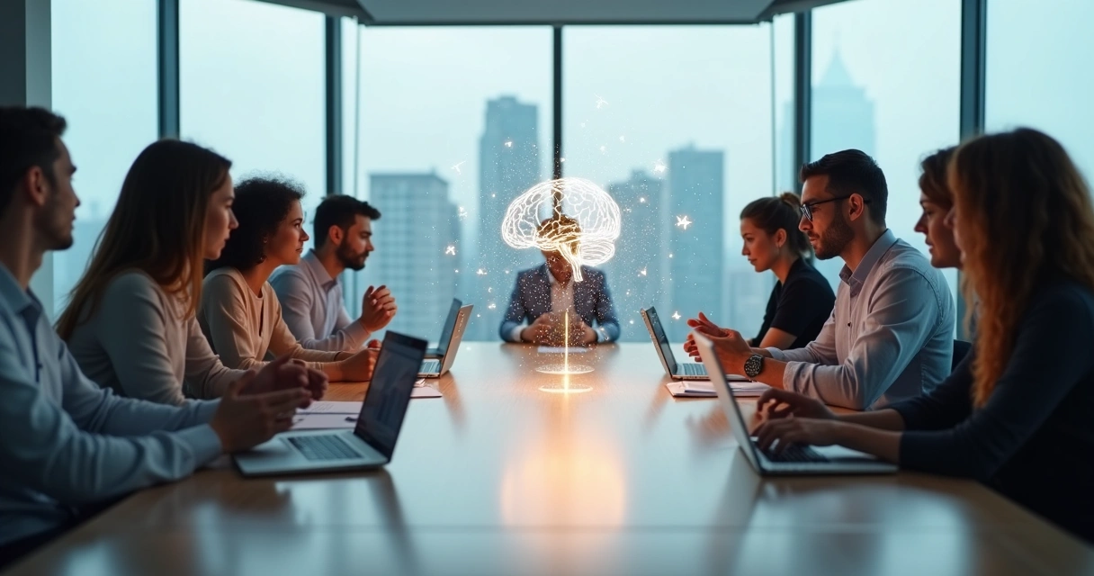 Grupo diverso tomando una decisión colectiva con conexiones cerebrales y patrones de sesgos invisibles 