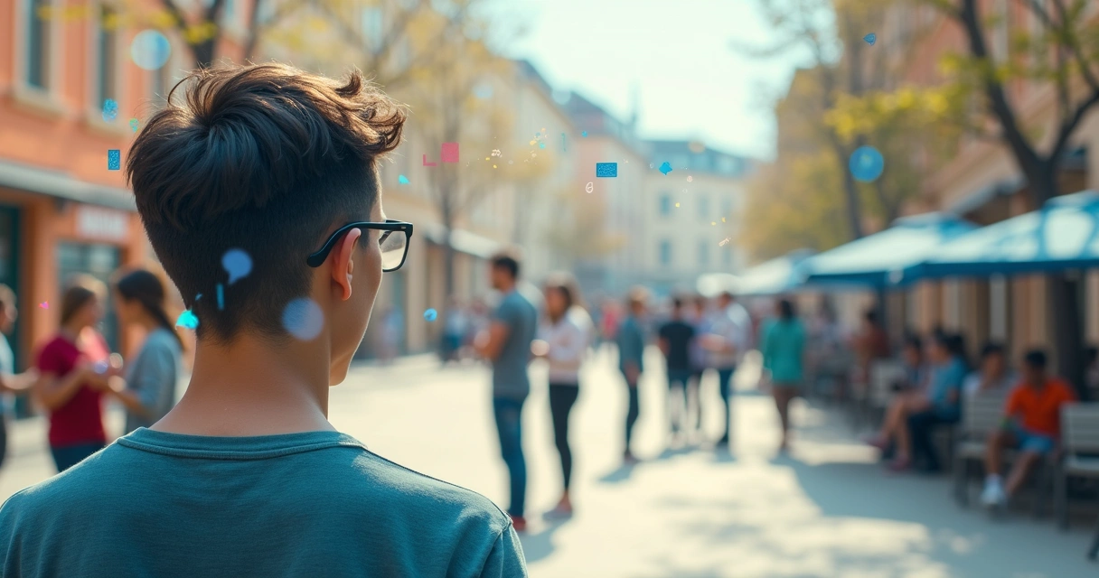 Persona observando un grupo social con filtros mentales y sesgos visuales 