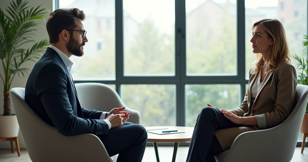 Dos personas en una sesión de coaching, sentadas frente a frente, conversando en un entorno profesional y acogedor