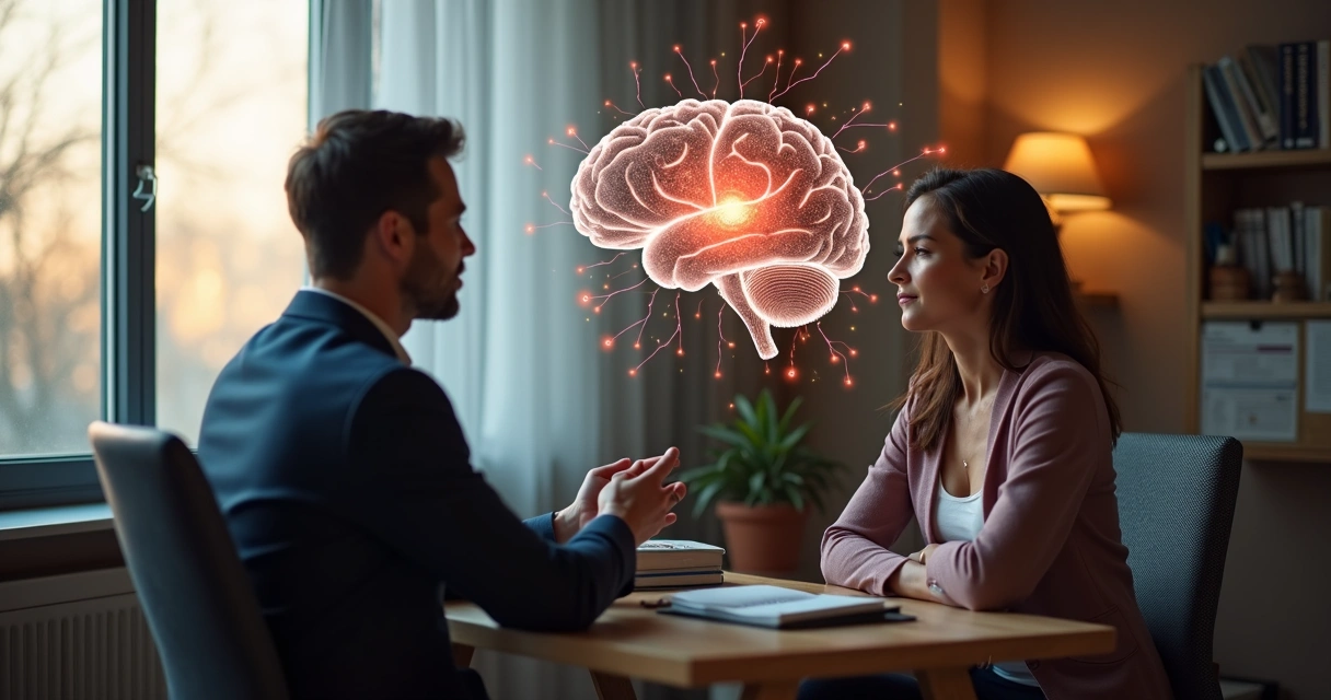 Coach y cliente en sesión conversando, con gráficos transparentes de conexiones neuronales superpuestos