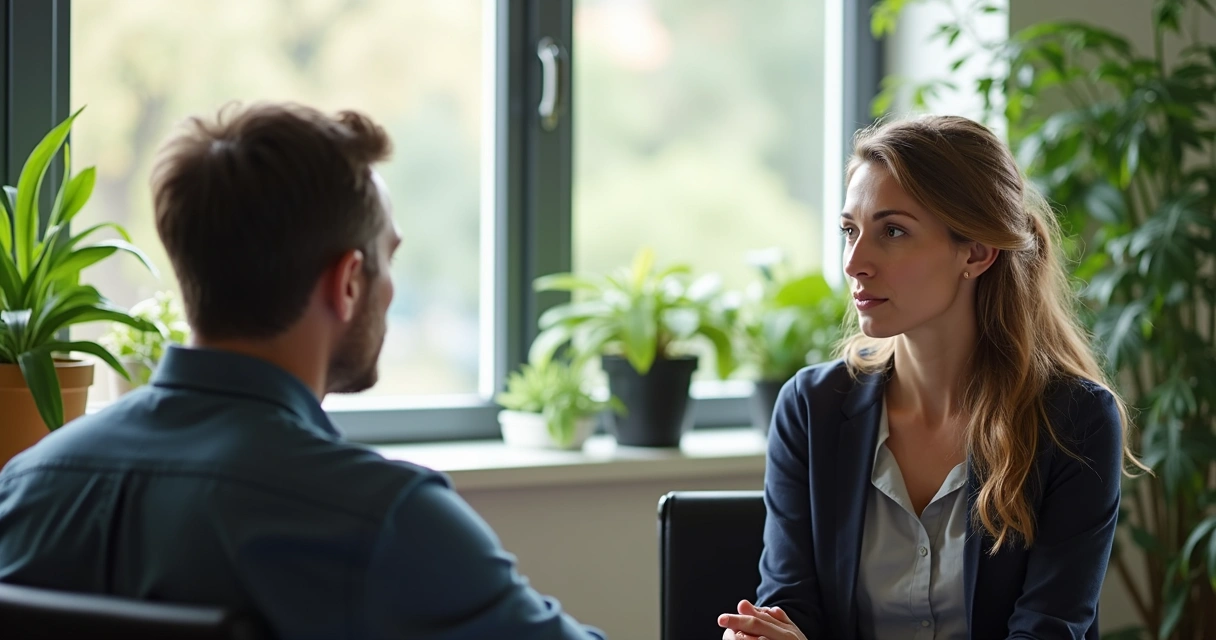Coach y cliente sentados en sala moderna cara a cara 