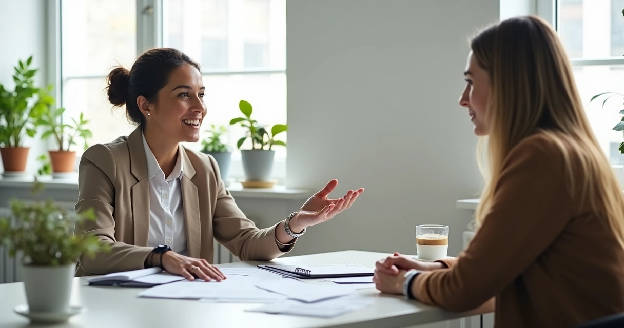 Coach profesional guiando a una persona en una sesión.