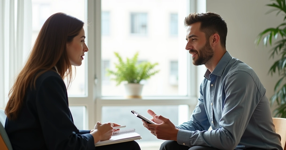 Dos personas sentadas frente a frente, una con agenda y otra expresando emociones 