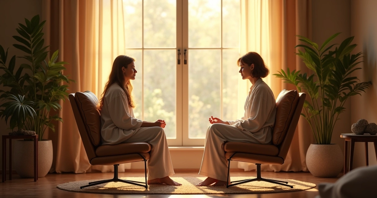 Espacio de terapia con dos personas en conversación, rodeadas de elementos naturales y luz cálida 