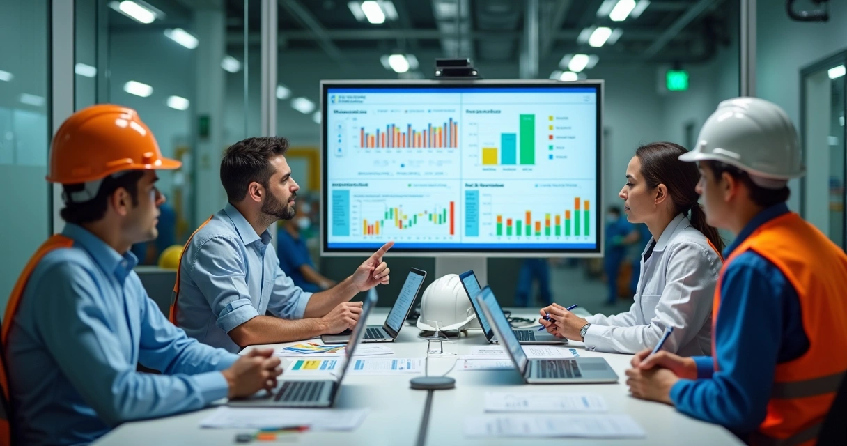 Equipe de segurança do trabalho analisando mapa de riscos em empresa industrial 