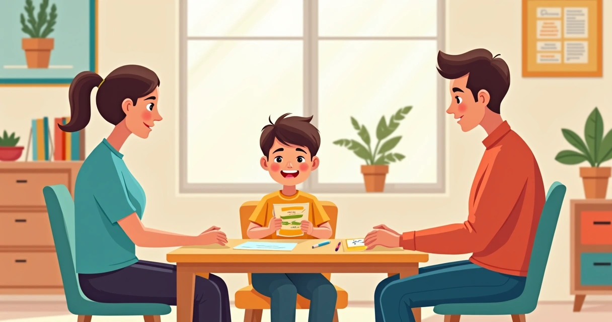 Terapeuta conduz atividade de ABA com criança e pais observando 