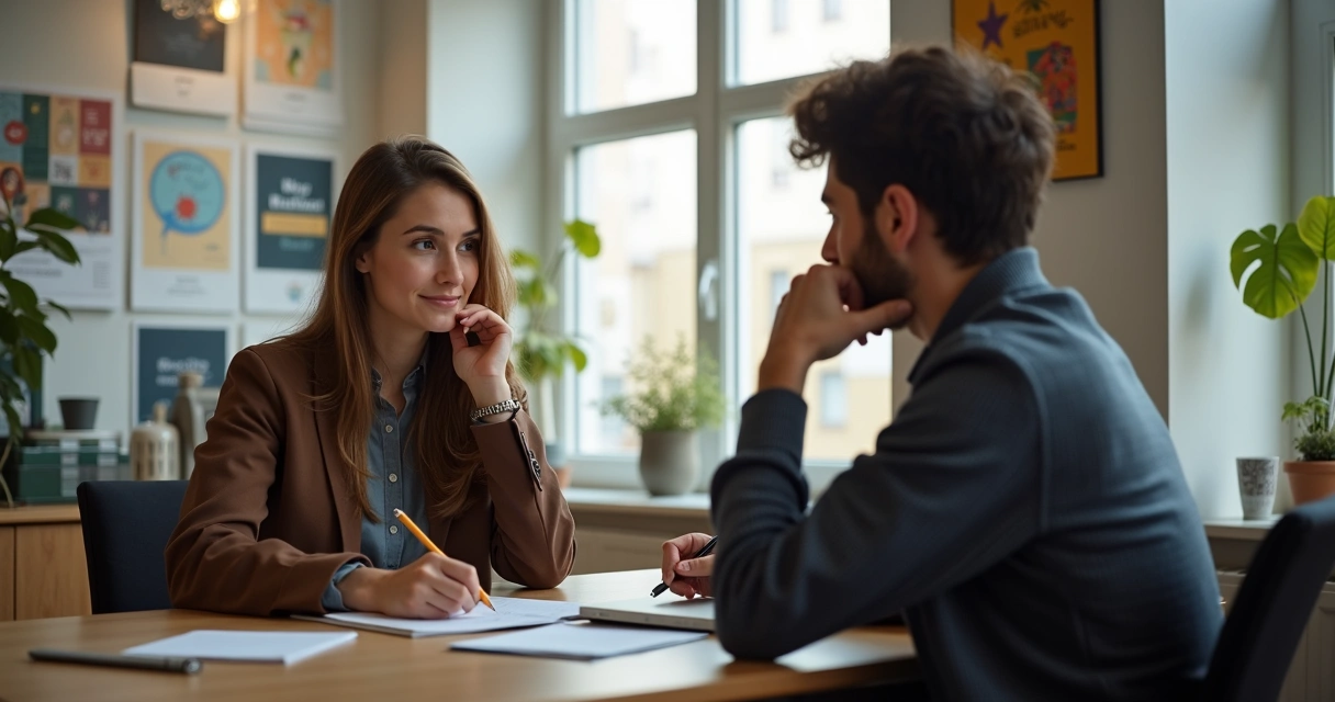 Orientador conversando com jovem em consultório 