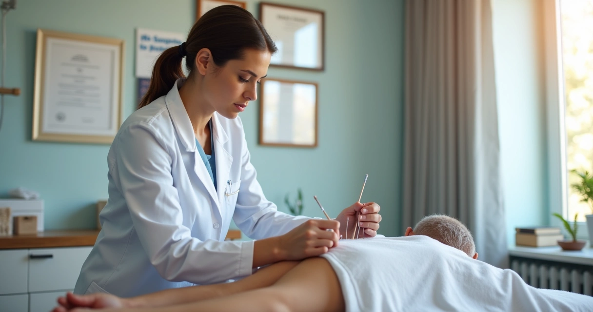 Profissional aplicando agulhas de acupuntura em paciente em ambiente clínico moderno e iluminado 