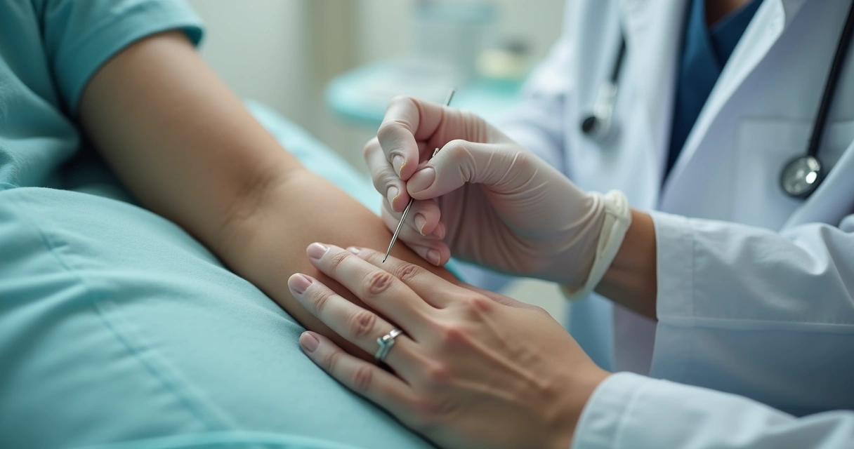 Profissional aplicando agulha fina em ponto do braço de paciente em consultório de saúde. 