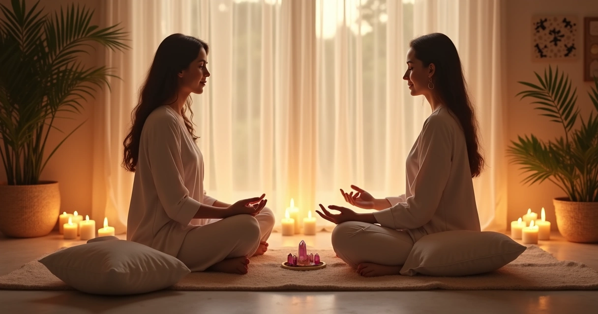 Sala iluminada, terapeuta conduzindo uma sessão de apometria 