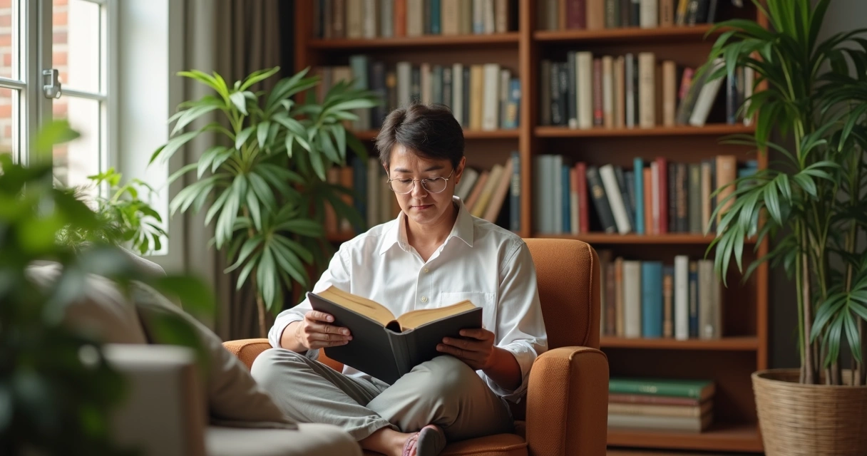 Pessoa sentada lendo livro durante sessão de biblioterapia em ambiente calmo e acolhedor com plantas e iluminação suave 