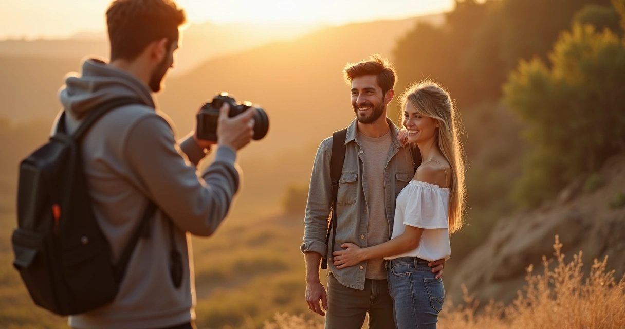Casal sendo fotografado em um campo aberto com luz suave 