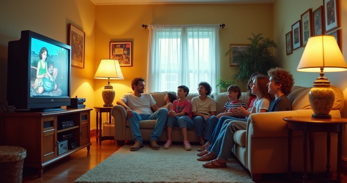 Família assistindo TV em sala com decoração dos anos 80 