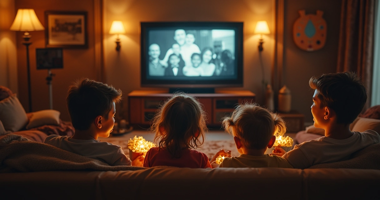 Sessão de cinema em casa com família assistindo filme antigo juntos em sofá. 