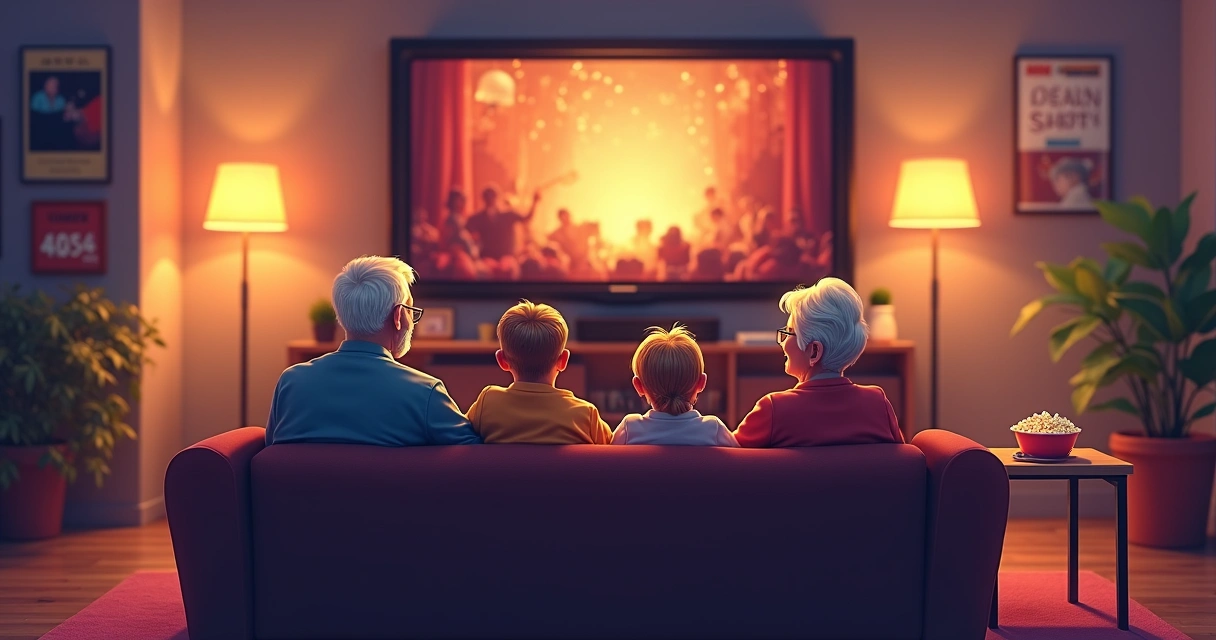 Idosos e netos sorrindo assistindo filme juntos em uma sala decorada com pipoca e almofadas 