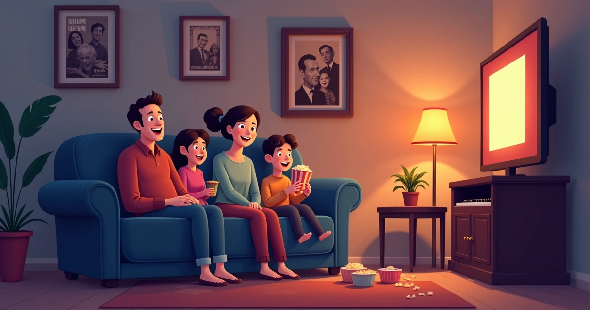Família reunida em sessão de cinema mudo em casa 