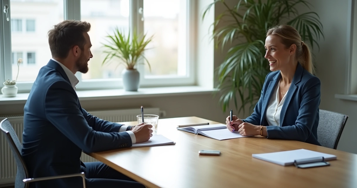 Sessão de coaching entre coach e cliente em mesa de madeira 