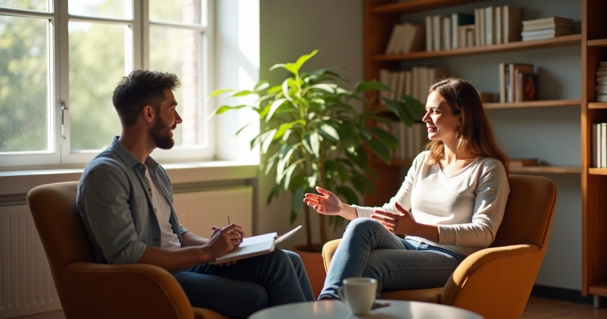 Coach e coachee conversando em ambiente aconchegante