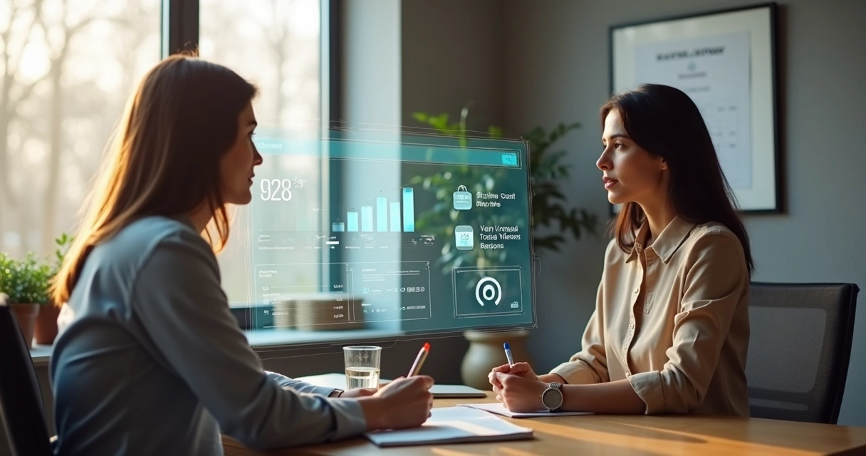 Coach em sessão com painel digital de metas e dados 