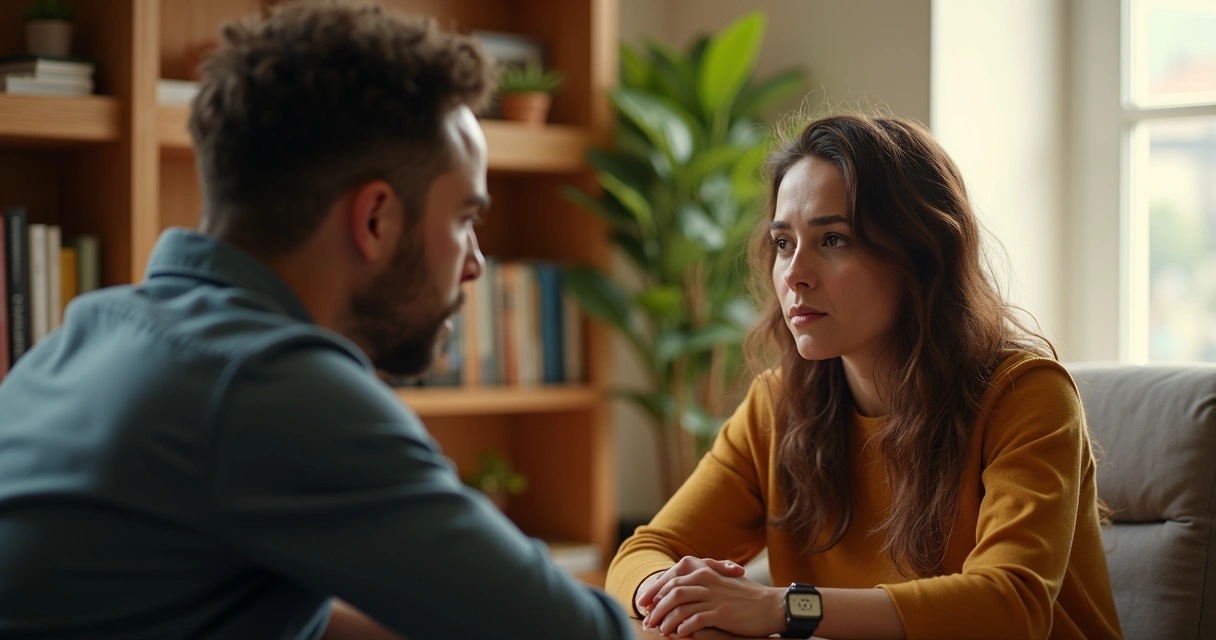 Coach e coachee sentados frente a frente em ambiente acolhedor, focados na expressão facial do coachee.