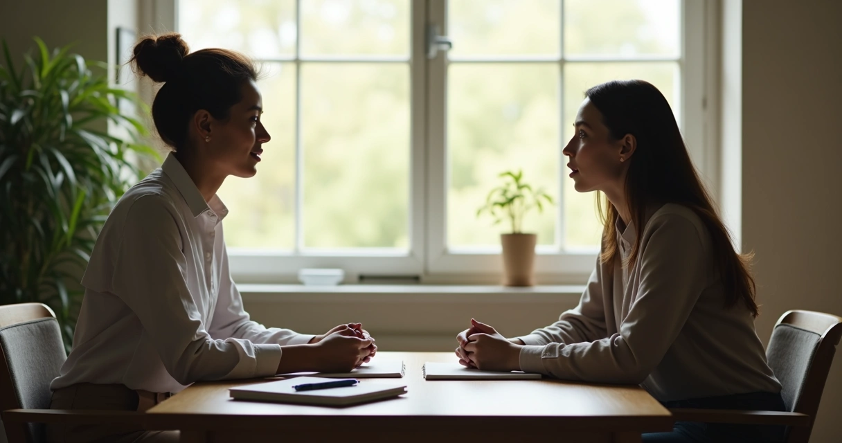 Coach e cliente sentados frente a frente em uma sala tranquila 