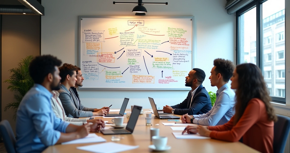 Sessão de coaching de OKRs em sala de reunião com quadro branco