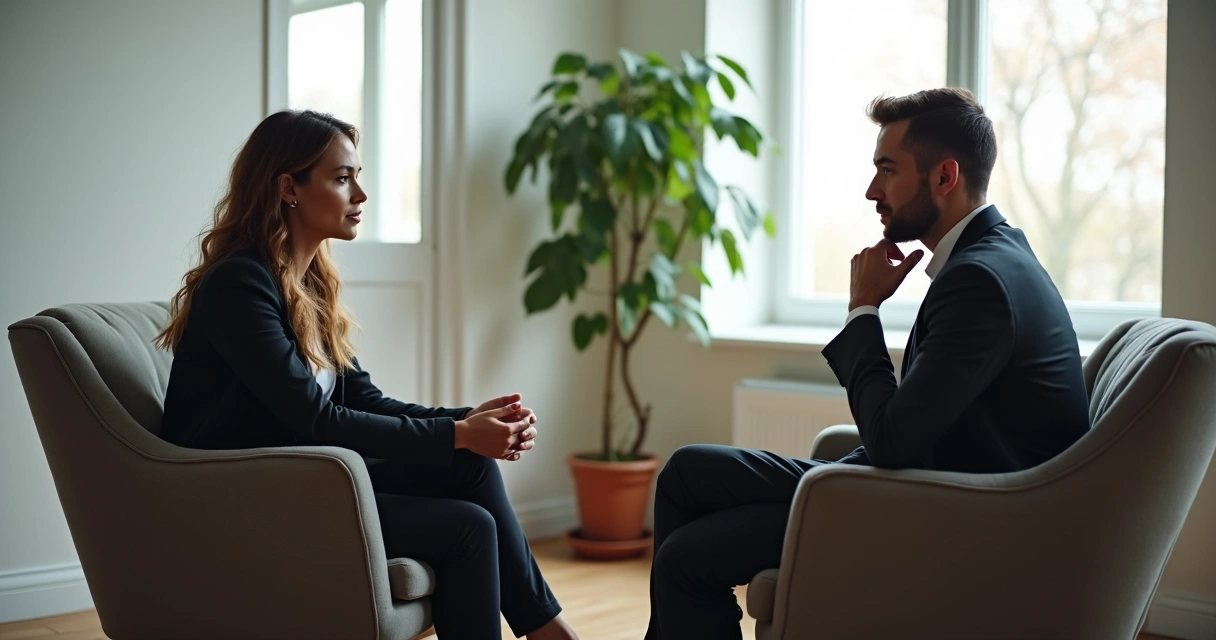 Coach e cliente sentados em círculo, ambos silenciosos, ambiente profissional, luz suave 