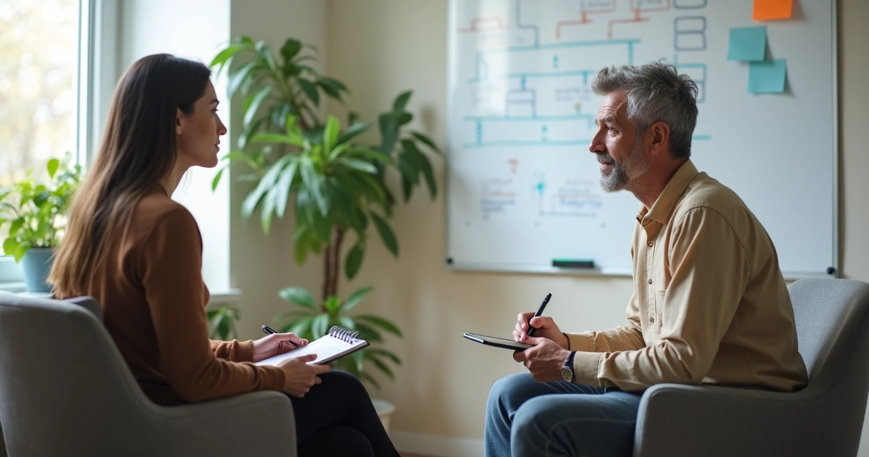 Sessão de coaching com quadro de planejamento e conversa atenta