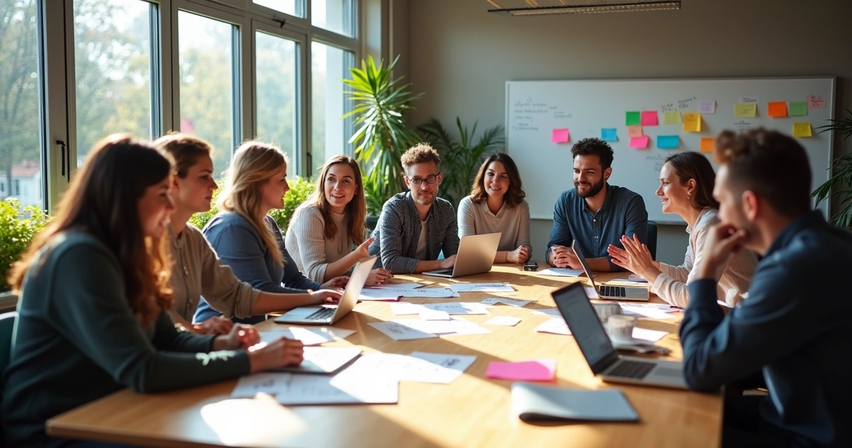 Pessoas em sessão colaborativa de design, ao redor de uma mesa com post-its e laptops 