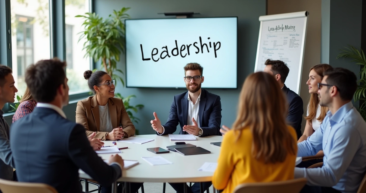 Encontro coletivo de mentores e mentorados de perfis variados sentados em roda, debatendo tema de liderança 