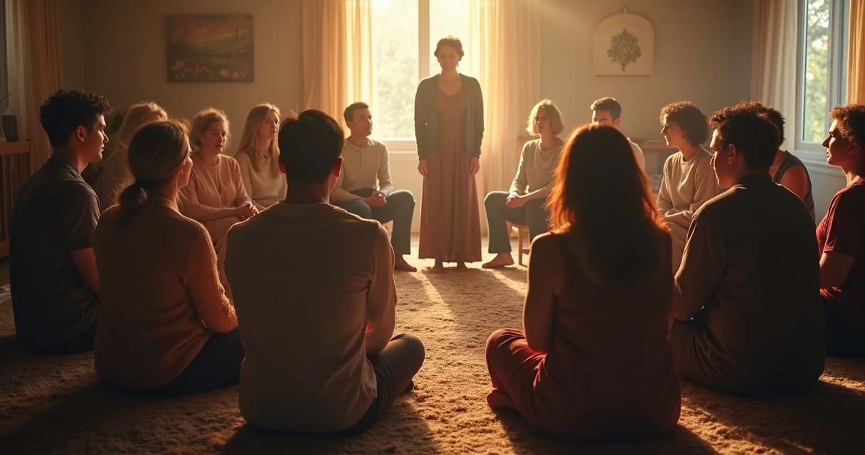 Círculo de pessoas participando de uma sessão de constelação sistêmica, algumas sentadas e outras em pé no centro da sala 