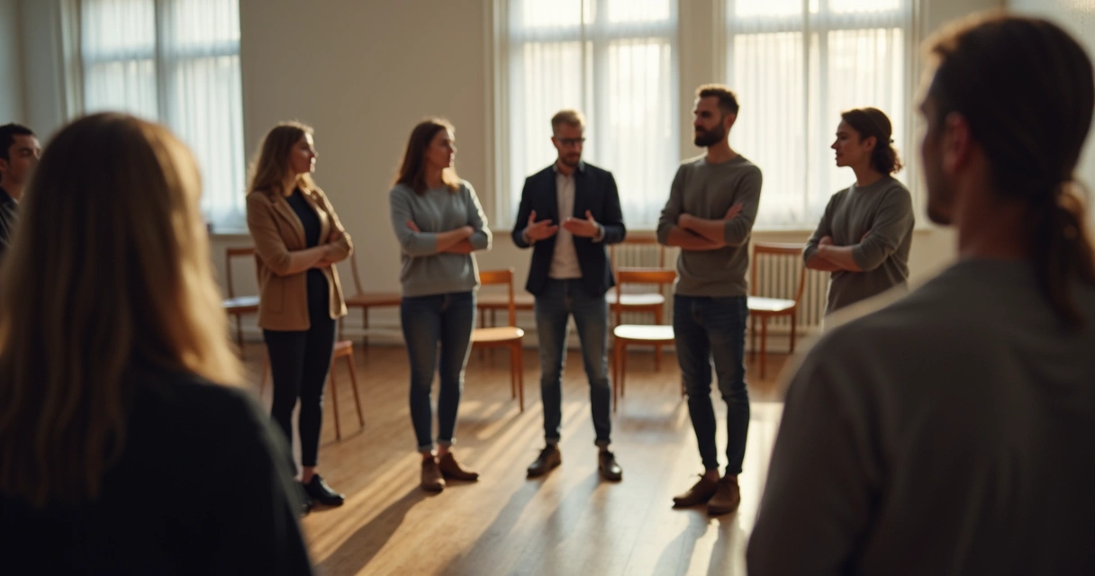 Representantes de constelação sistêmica em formação circular com foco no facilitador 