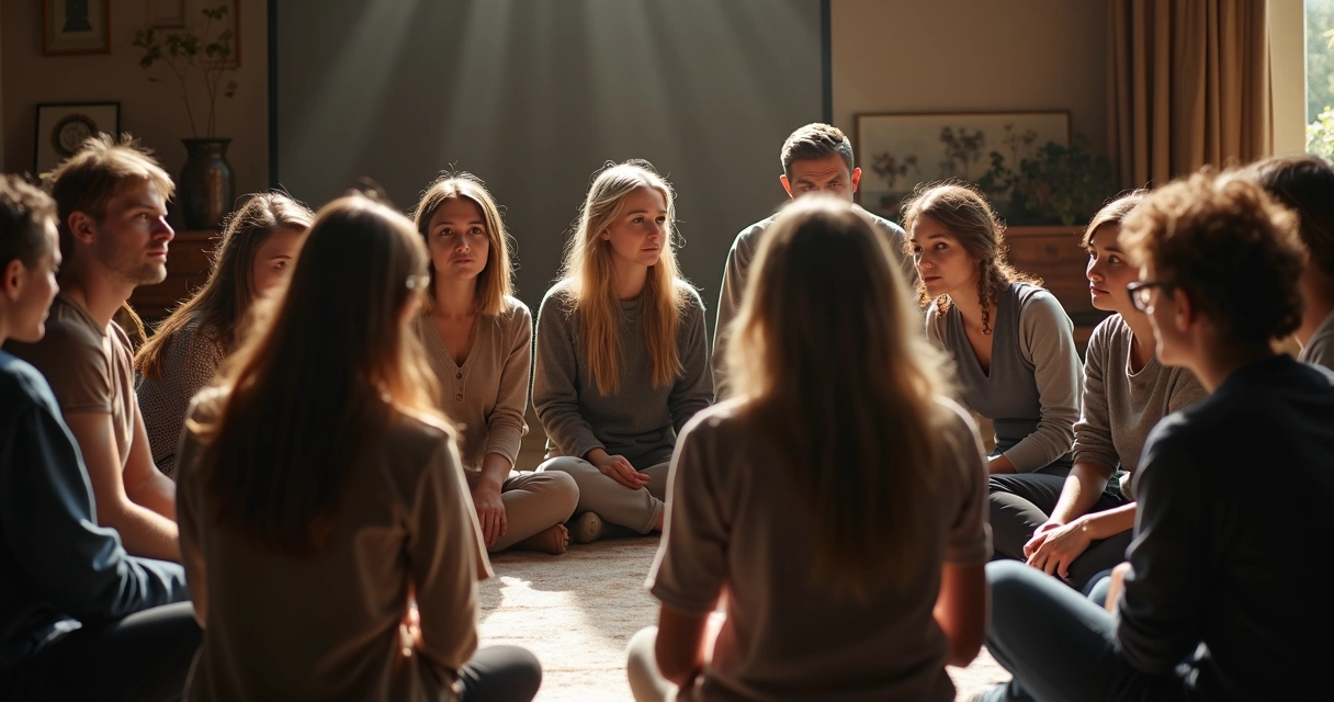 Sessão de constelação sistêmica em grupo com pessoas em círculo 