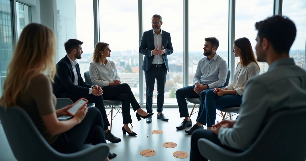 Facilitador conduzindo sessão de constelação sistêmica em ambiente empresarial, com equipe atenta 