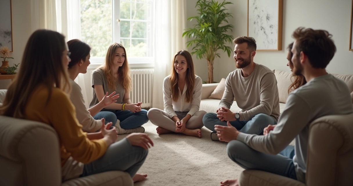 Grupo de pessoas sentadas em círculo, cada uma representando um membro de uma família durante uma sessão de constelação, ambiente iluminado com luz natural e expressões de atenção no rosto de todos.