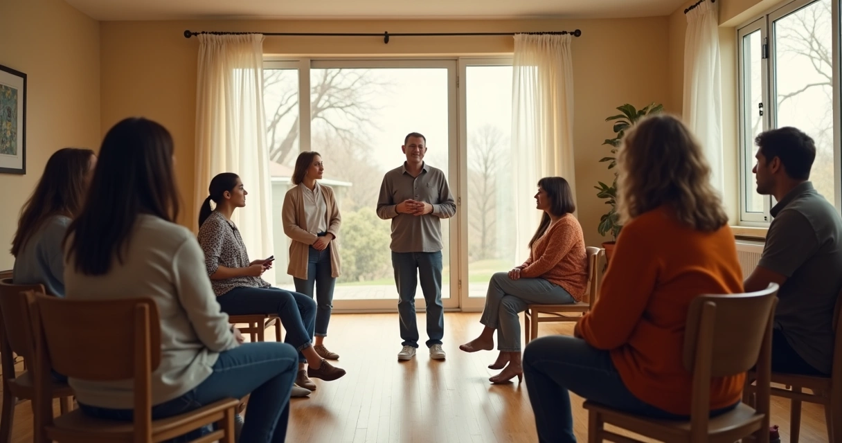 Facilitador e participantes em sessão de constelação familiar em círculo, com figuras representando familiares