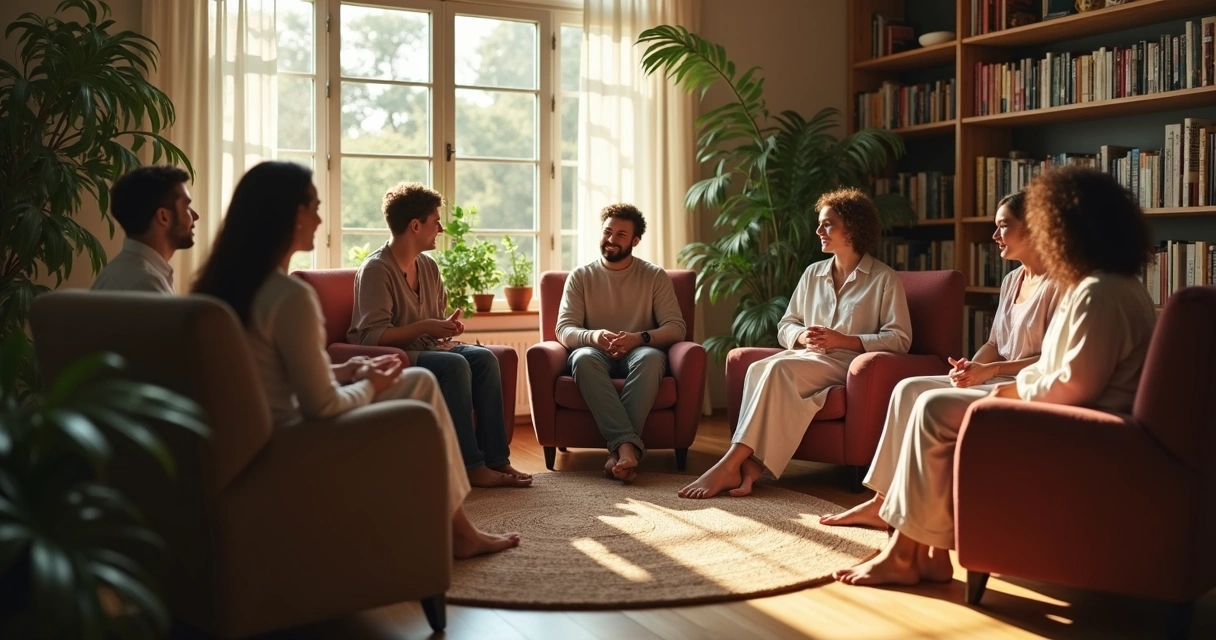 Grupo reunido em círculo em roda de conversa tranquila 