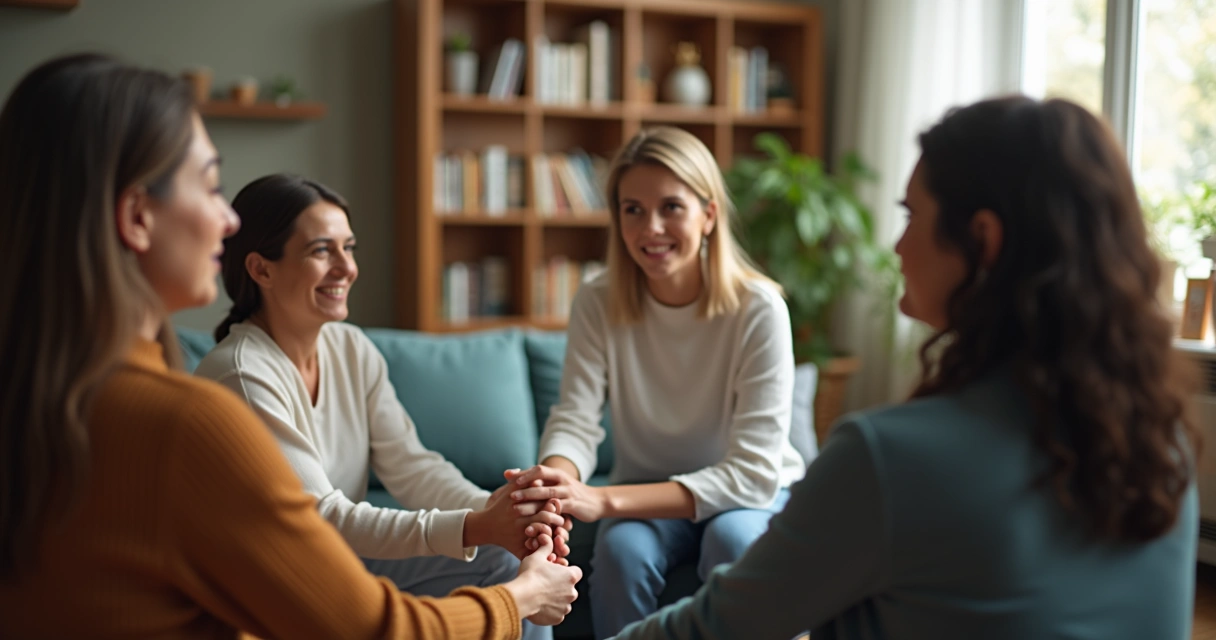 Sala com grupo de pessoas em círculo e terapeuta no centro 