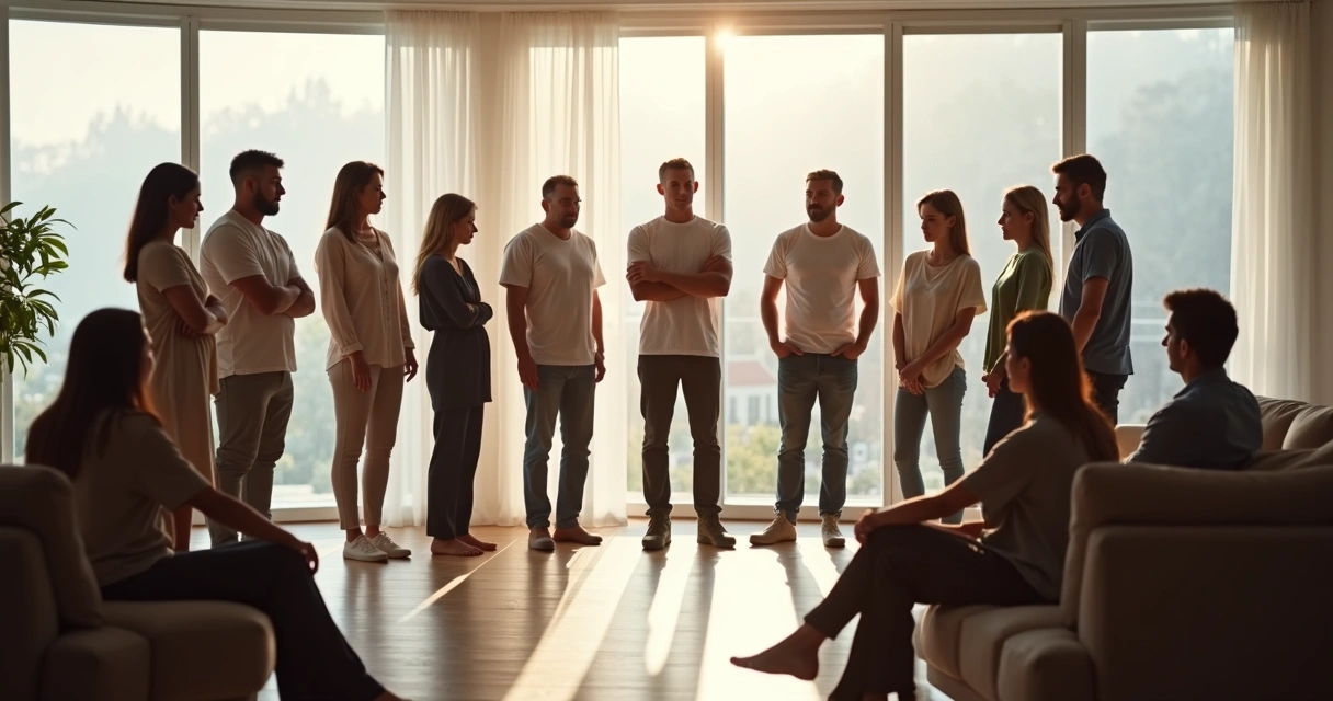 Grupo em sessão de constelação familiar com pessoas representando membros da família 