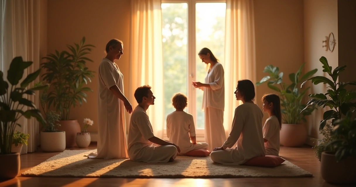 Grupo em sessão de constelação sistêmica em ambiente acolhedor 