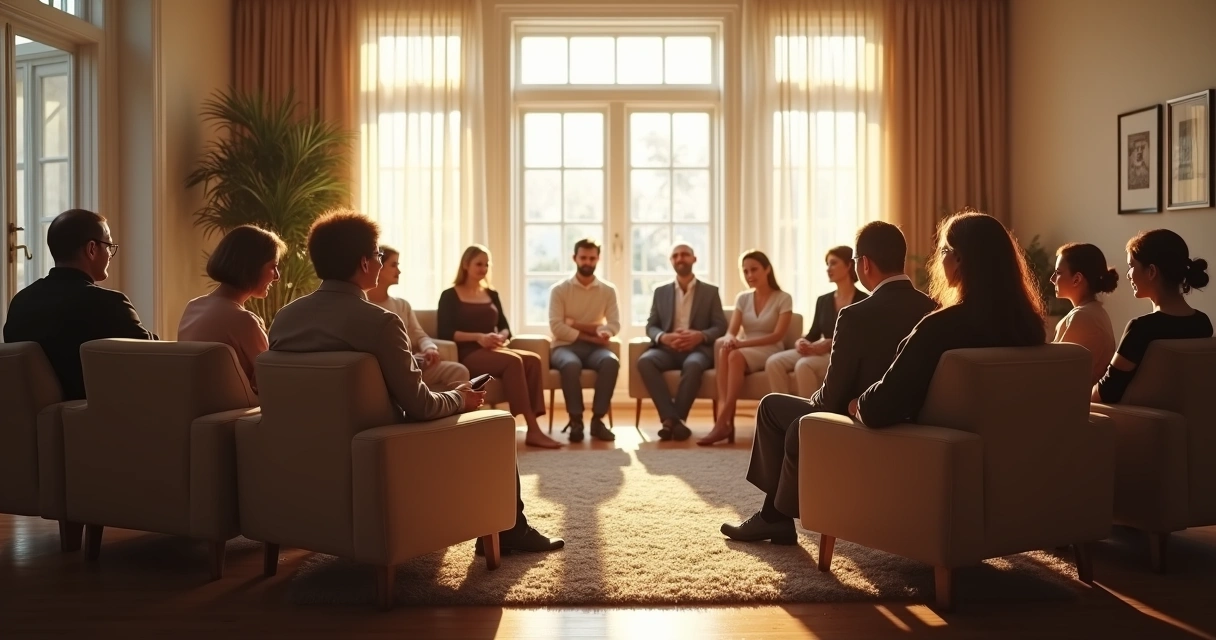 Grupo reunido para sessão de constelação sistêmica, com pessoas sentadas em círculo. 