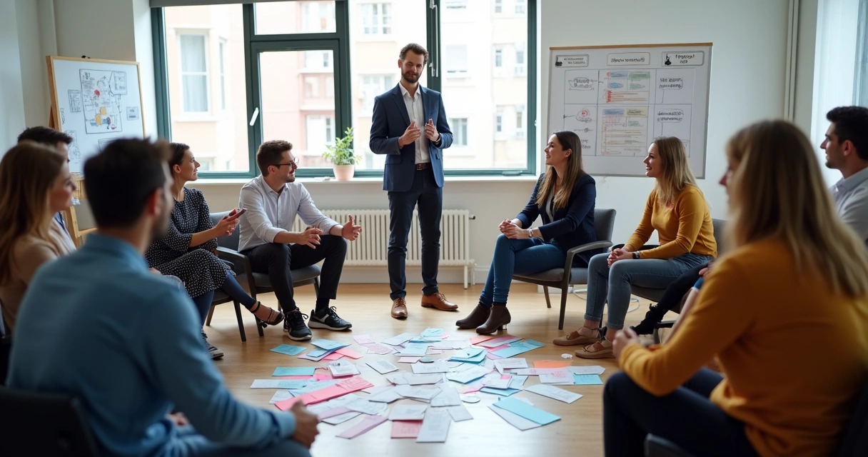 Grupo de profissionais em uma sala de reunião participando de uma sessão de constelação 