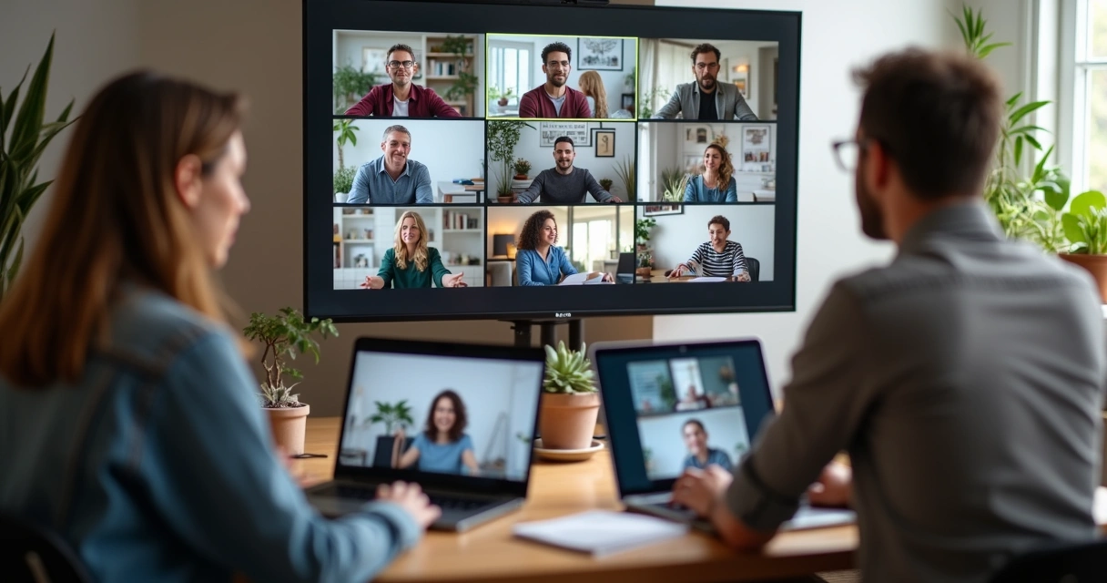 Pessoas participando de reunião online em computadores com quadros divididos na tela